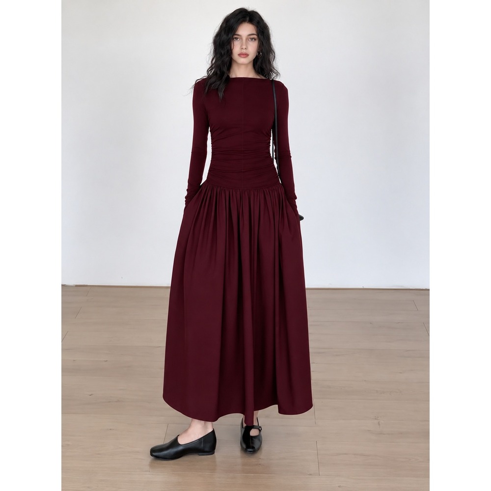 COMMENSE Burgundy Pleated Patchwork Cotton Knit Long Sleeve Midi Dress S NEW